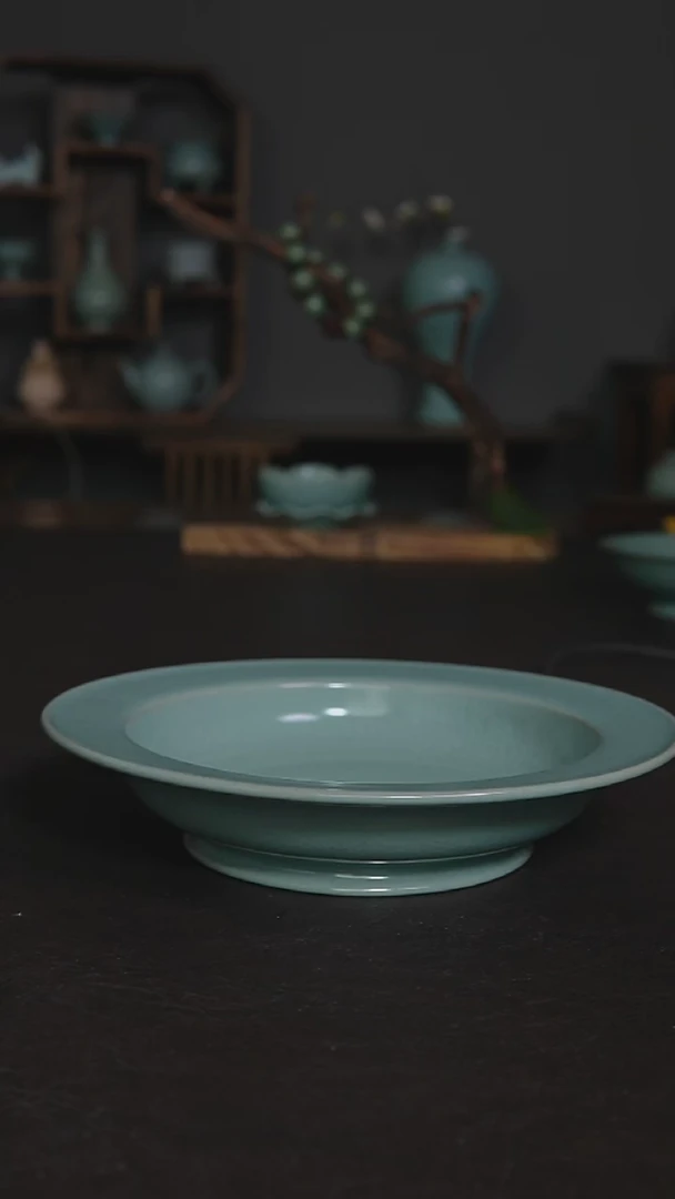 摆件陶手工折沿盘微瑕19.5口径