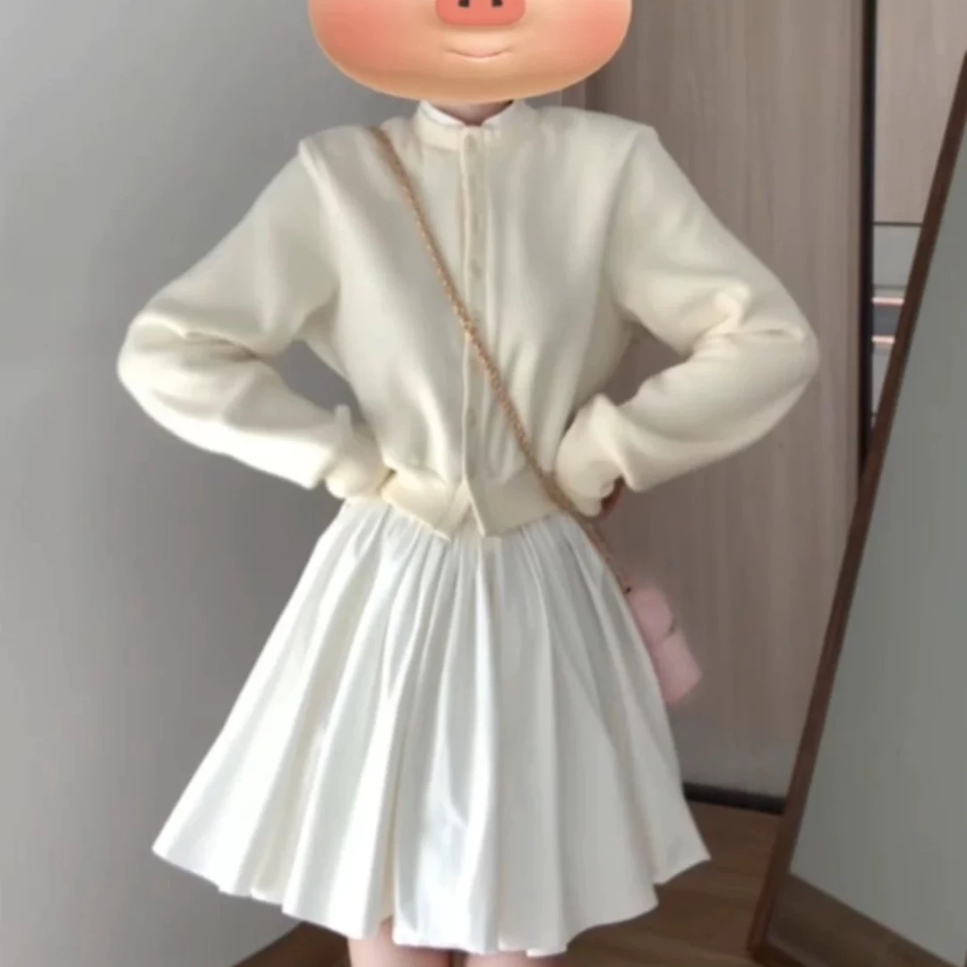 早秋法式miu系小个子长袖上衣小香风洋气好看撞色开衫+折叠短裙女