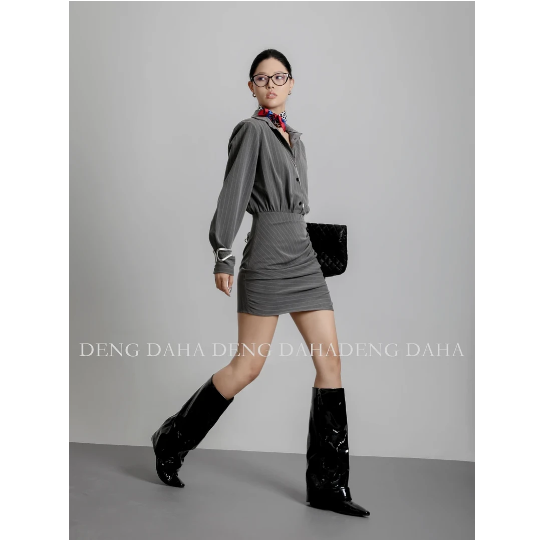 DENGDAHA「都市佳人」法式御姐条纹衬衫包臀连衣裙SHBZXP622077