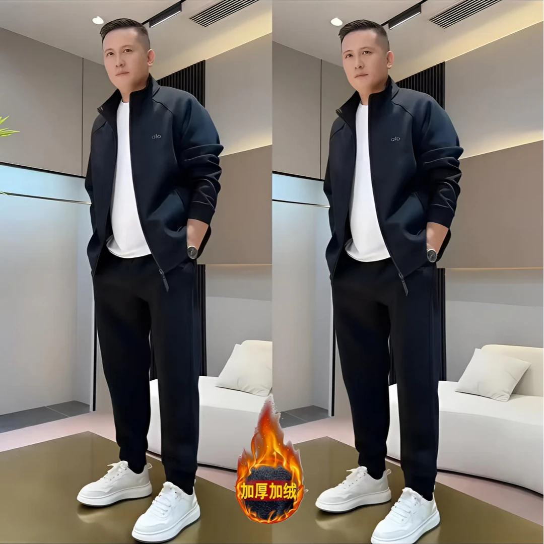 秋冬加绒时尚立领休闲运动套装男士潮流爆款开衫外套休闲裤两件套