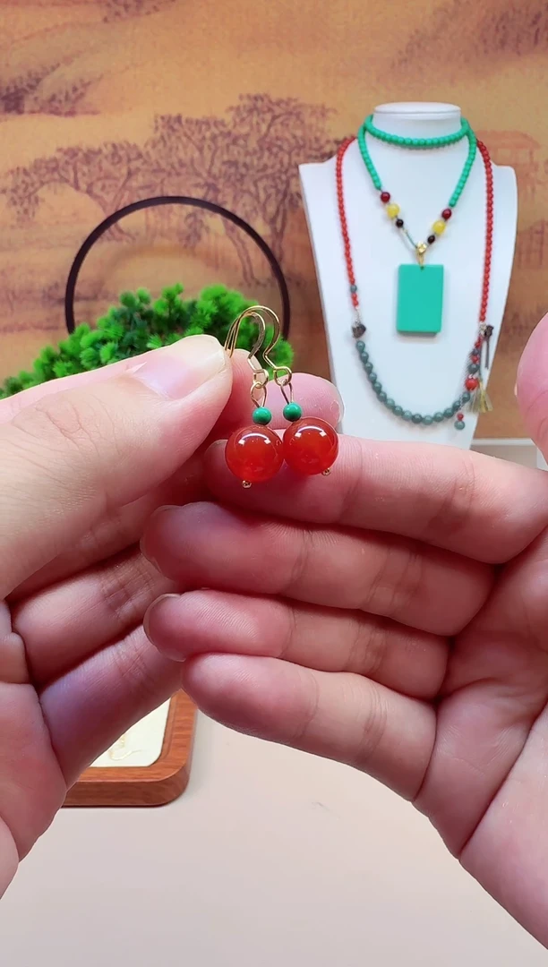 南红玛瑙14K金镶嵌耳饰EE