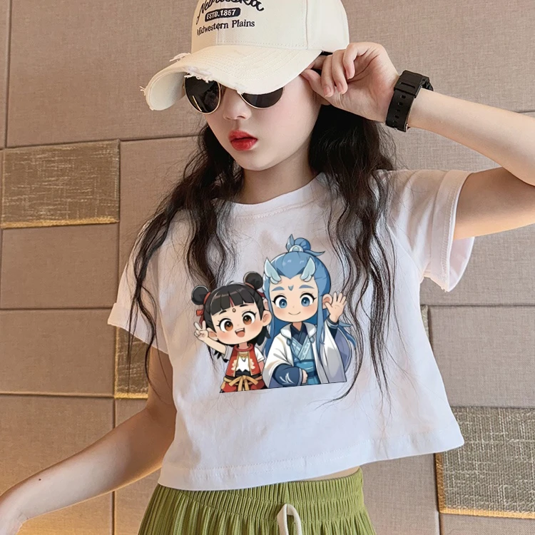 灵珠哪吒女童短袖t恤夏季2025儿童短款上衣女孩大童夏装修身T恤