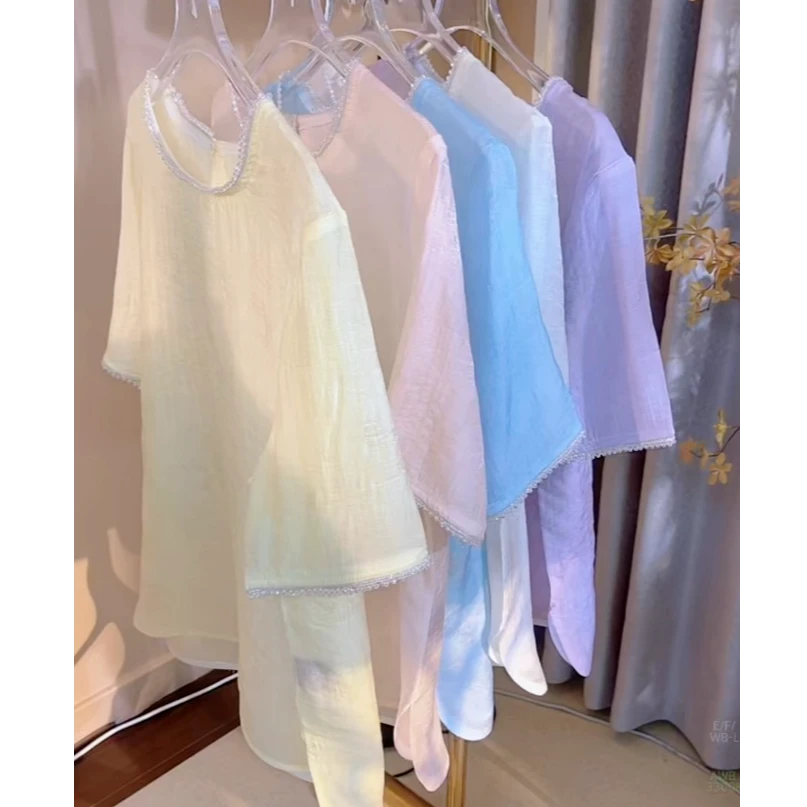 [纷纭] 新中式罩衫上衣夏季薄款短袖t恤国风内搭打低圆领短袖衬衫