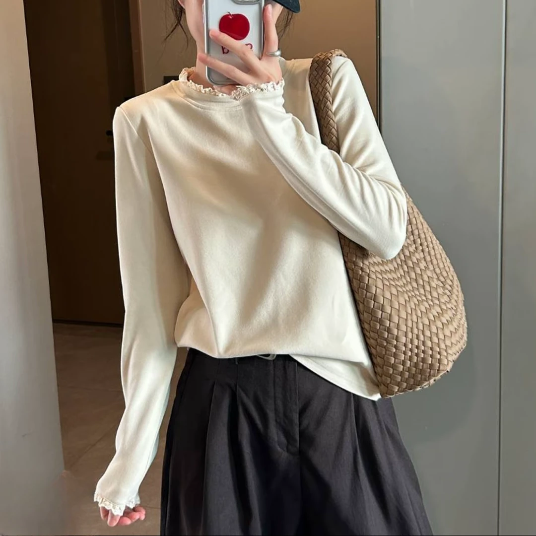 6619柔软亲肤半高领花边秋冬加绒加厚打底衫