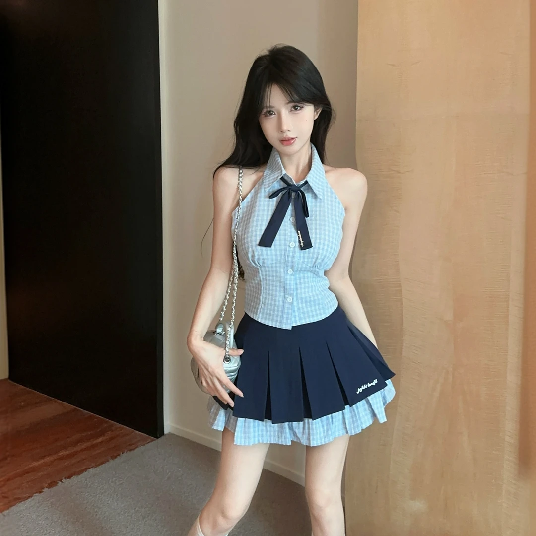 学院风辣妹套装jk制服夏季设计感无袖短款衬衫女高腰百褶裙两件套