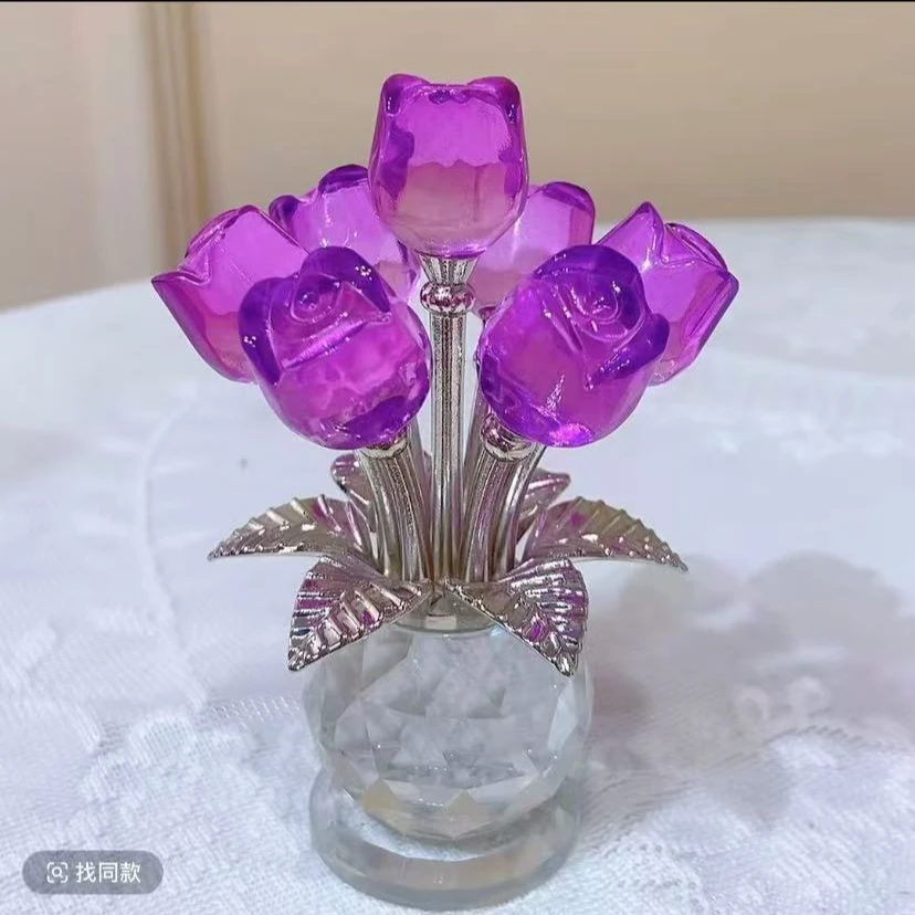 新高档水晶七头玫瑰花工艺品家居装饰创意摆件