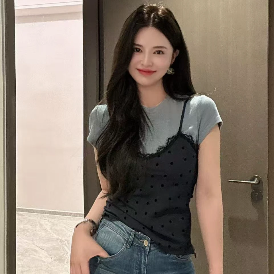 福利10.8号小众时尚波点假两件t（现货） 显瘦拼接设计感上衣