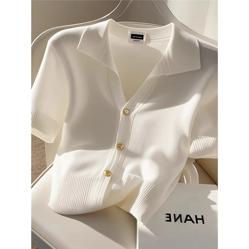 法式气质polo领冰丝短袖T恤女夏季大码微胖MM显瘦小香风短款上衣