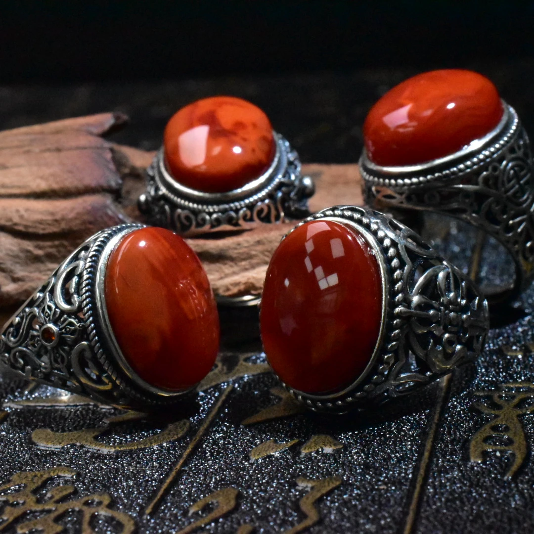 【一九珠宝】S925银南红瓦西大圆戒-卡18mm-多样性发一件  YJ5310-2