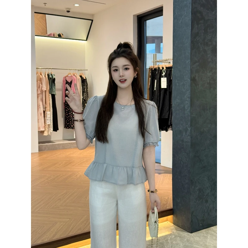 宿慕SUMU 夏季百搭小衫2025新款5-16时尚百搭圆领短袖娃娃衫3328