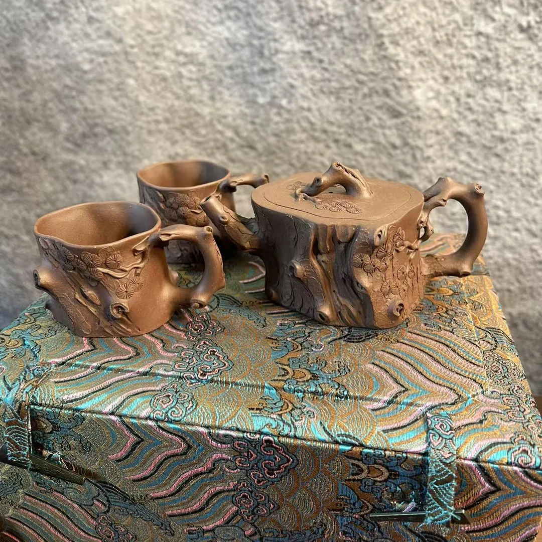 强洪明制 黄龙山紫泥全手工制 松桩套壶 纯手工老料