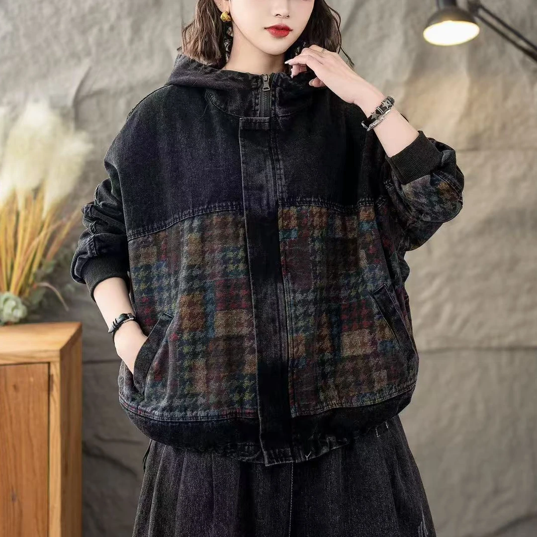 599新款春秋时尚休闲百搭复古牛仔外套女春季连帽宽松拼色开衫