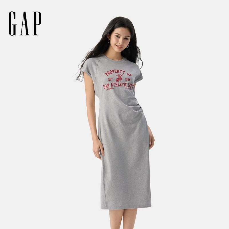 休闲女装2025夏季新款纯棉印花收腰抽褶开叉短袖连衣裙764855