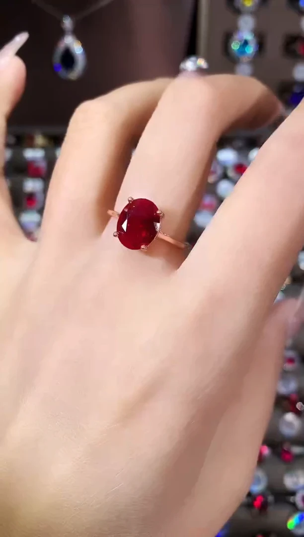 银S925镶嵌戒指红宝石810玫瑰金酒红