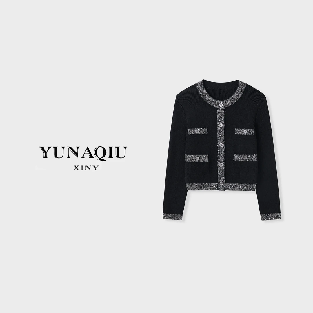 YUNAQIU-小香风长袖针织时尚女士黑色设计师粗花呢-8566