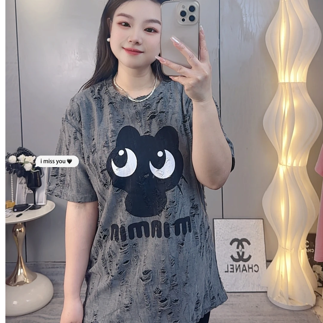 2025夏季新款宽松破洞蕾丝水印花小个子中长款短袖T恤女韩版