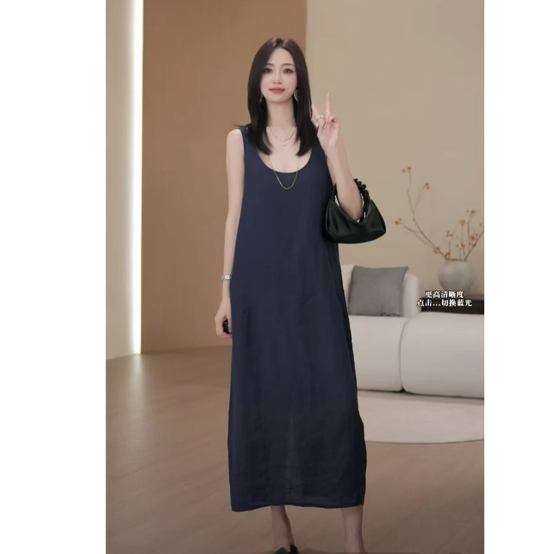 亚麻2025年新款背心裙女纯色宽松显瘦褶皱无袖A字气质慵懒ZA237