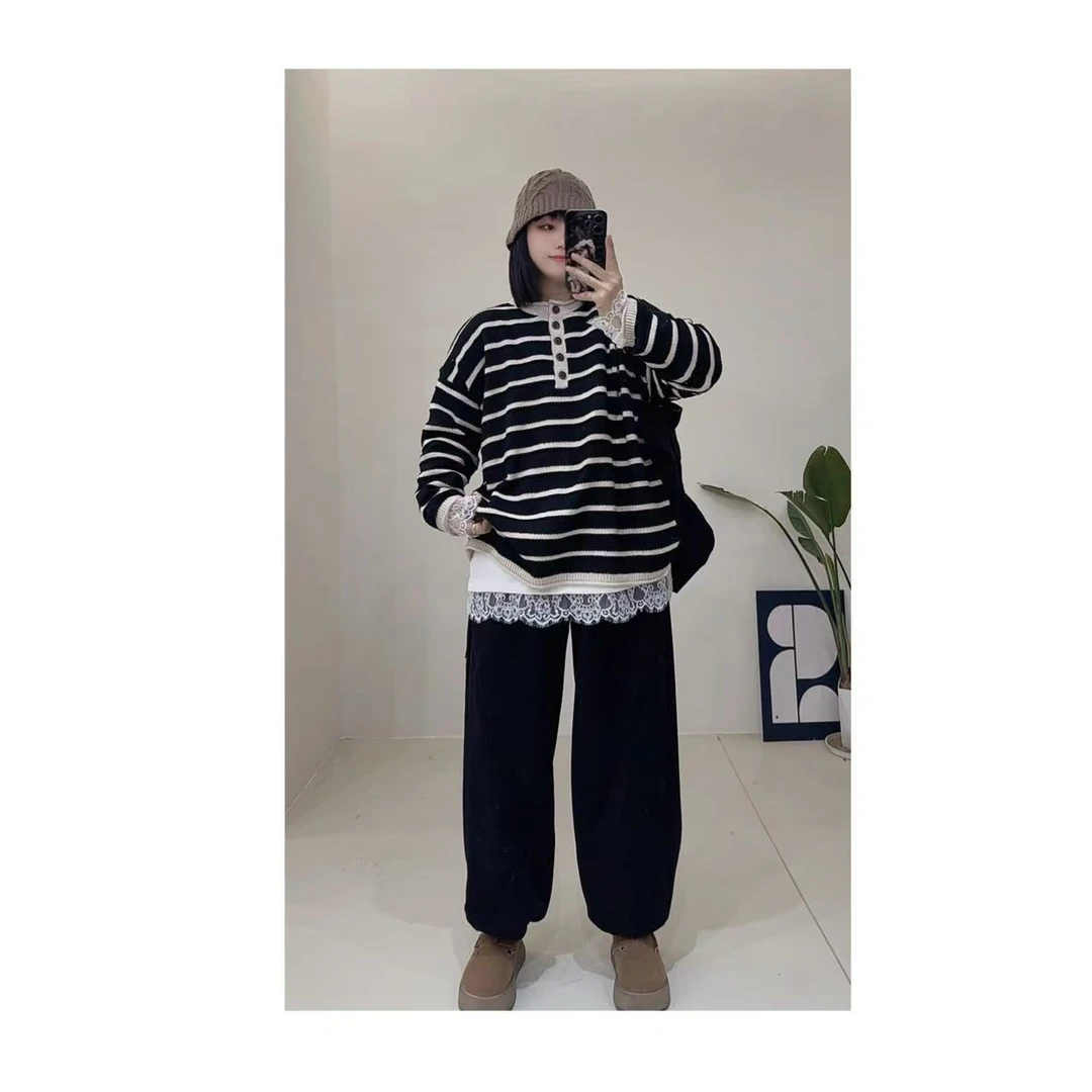 【扣子条纹】复古圆领扣子条纹针织毛衫3099