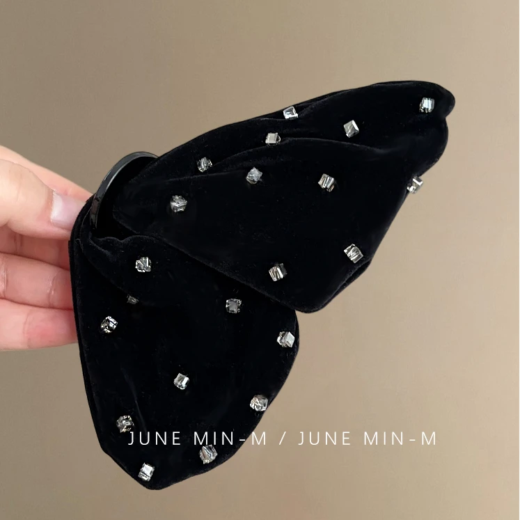 浪漫星空~黑色丝绒满天星蝴蝶结抓夹后脑勺盘发法式鲨鱼夹头饰女