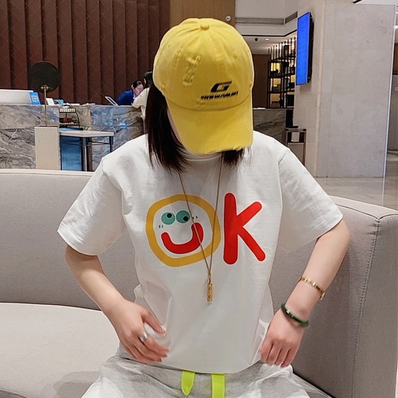 时尚周美式重磅精梳棉OK笑脸印花短袖白恤男T恤潮流宽松圆领