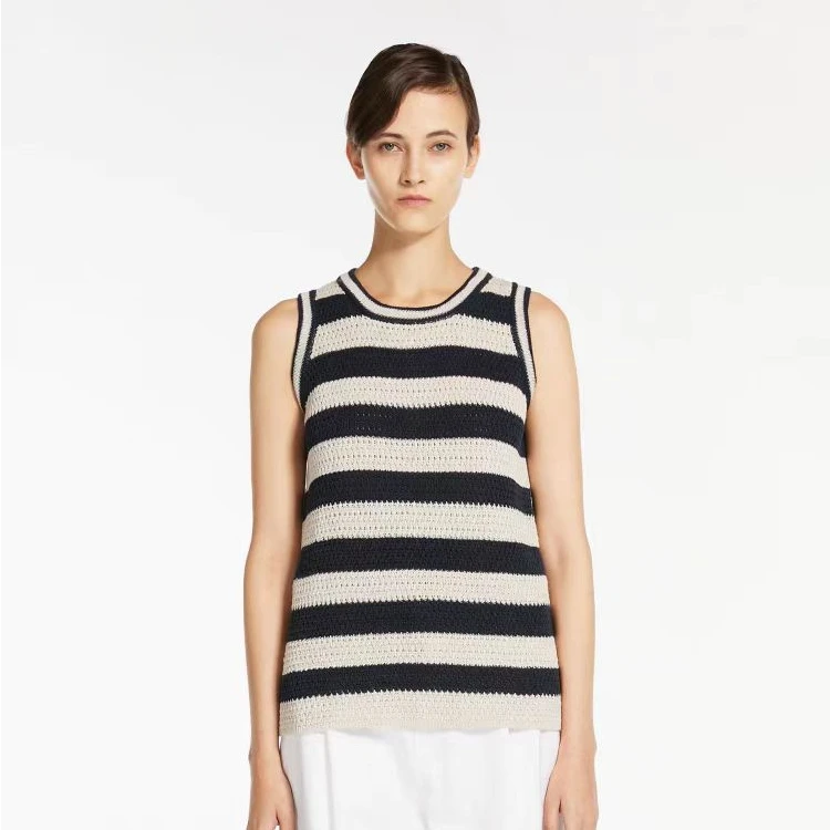 M*家夏季新款通勤风条纹镂空圆领亚麻无袖背心