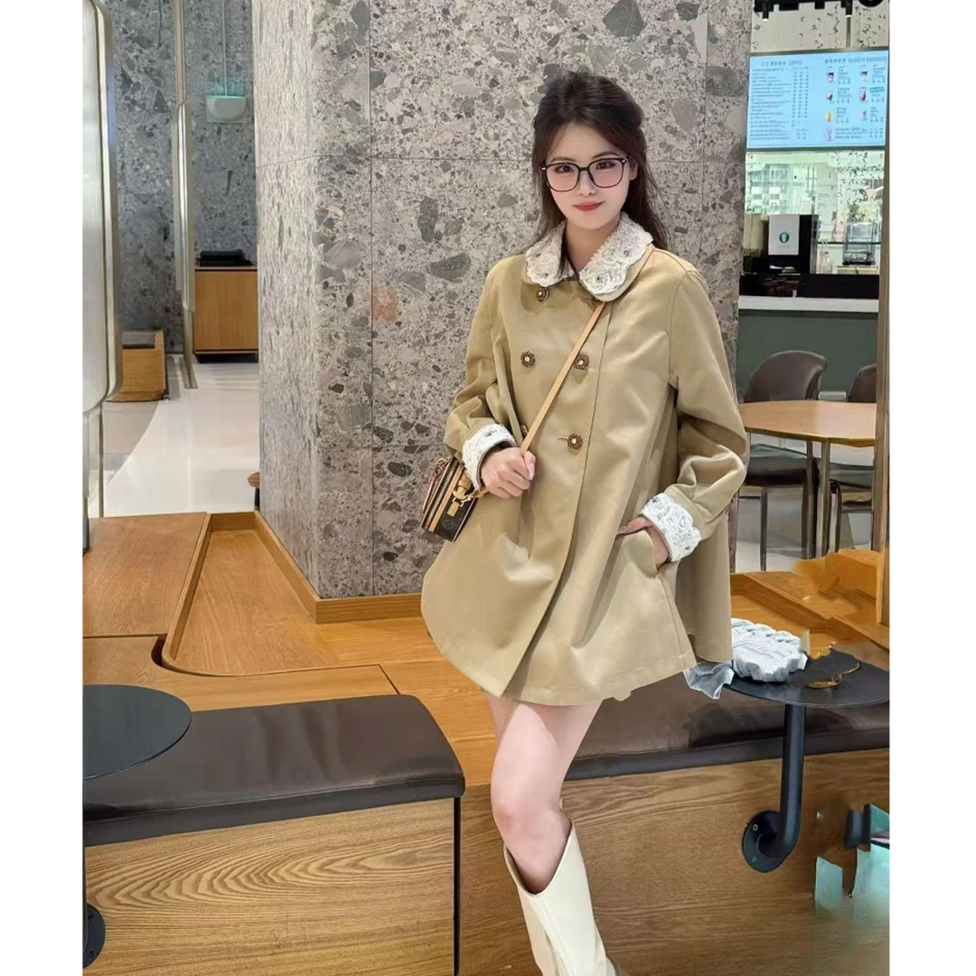 风衣外套女2025秋季新款重工蕾丝娃娃领韩系甜美中长款卡其色大衣