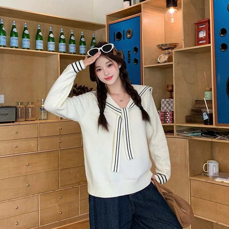 TJ083大码2025秋冬新款胖mm女甜美学院风海军领软糯套头针织上衣