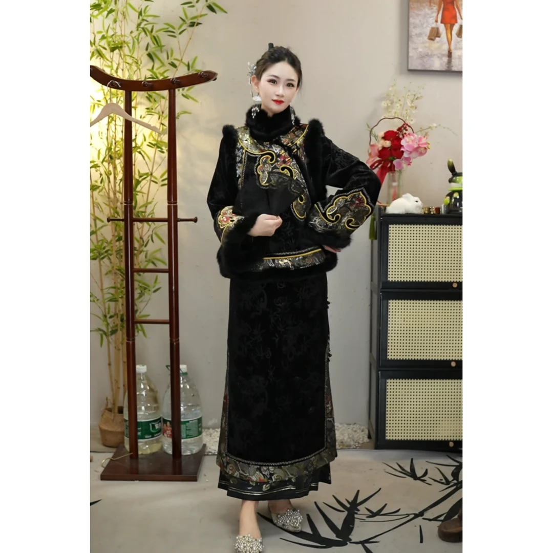 花享悦2024冬季装时尚加绒黑色显瘦中长款裙子WW（6543+6553）