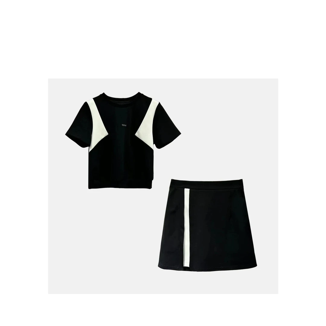 2025夏季套装女撞色时尚新款小香风黑色半裙T恤气质显瘦两件套女
