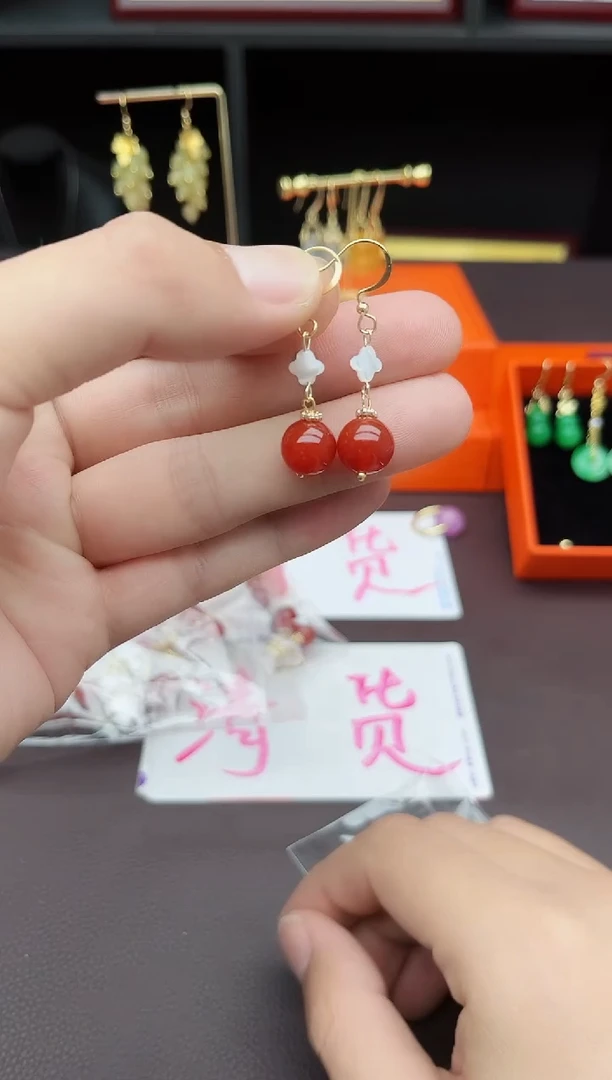 南红玛瑙银S925镶嵌耳饰新1