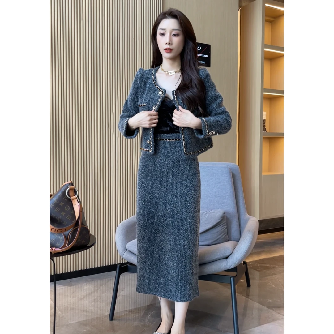 【闺蜜推荐】设计感气质小香外套半身裙洋气两件套装女秋冬季-1236