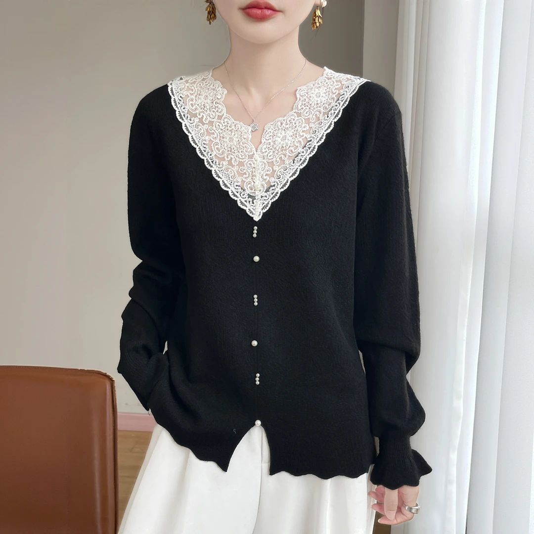 哥弟阿玛施官方新款欧根纱蕾丝拼接针织衫2025秋季时尚洋气长袖女