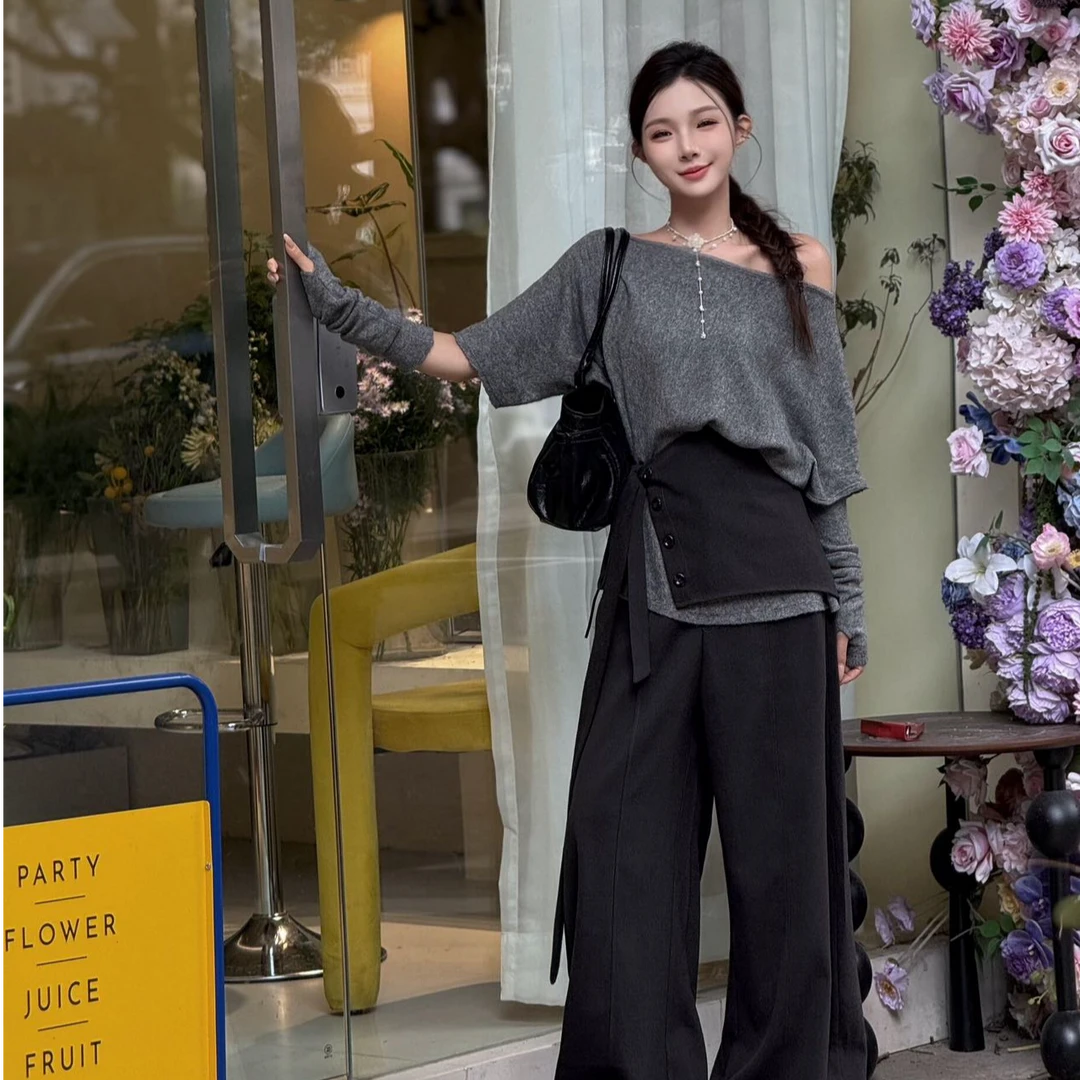 慵懒风时尚套装秋季新款气质显瘦斜肩上衣洋气休闲百搭宽松长裤女