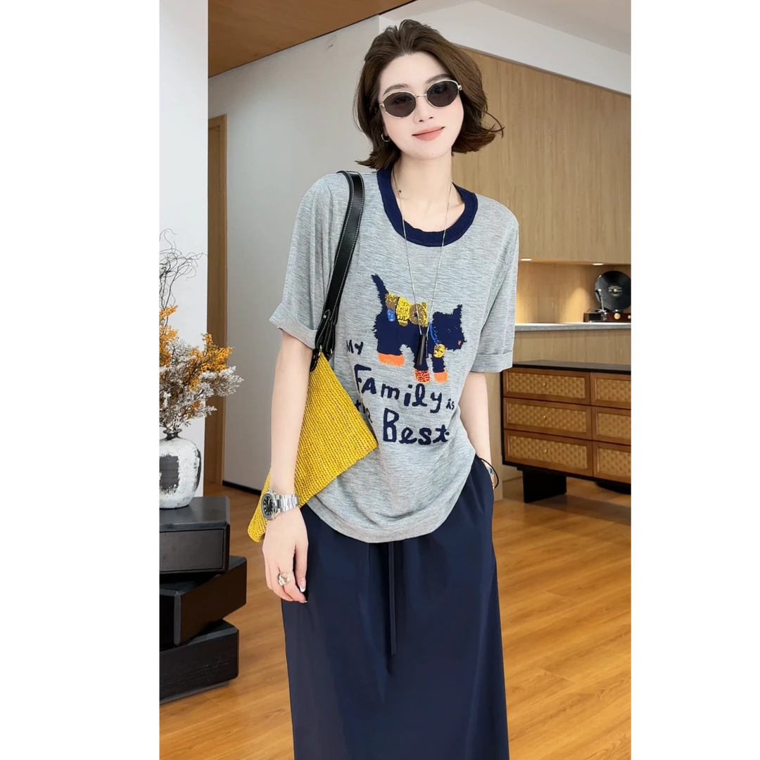 YOUHAN 2025新款【撞色小狗T】极简风显瘦百搭T恤上衣 2507C4139