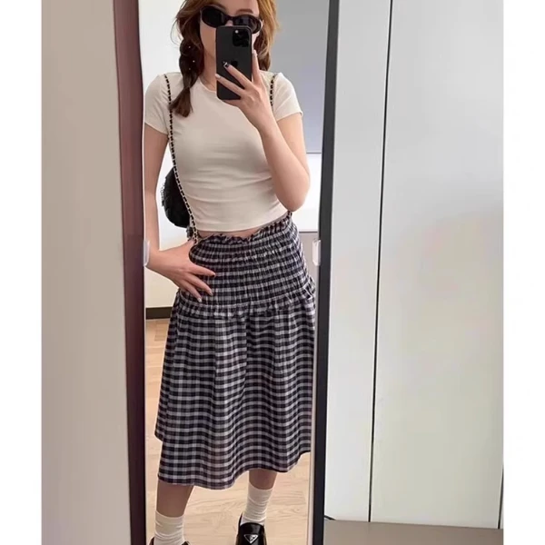 蓝色法式格子半身裙女2025新款夏季百搭气质抹胸两穿休闲a字裙子