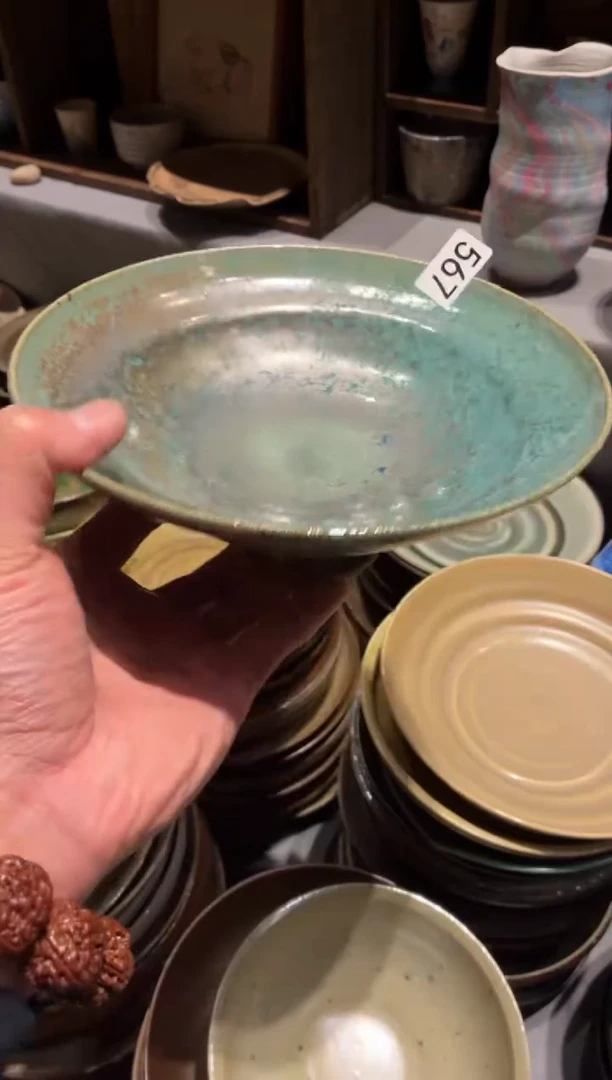 瓷片要****?567粗陶手工绿色高足盘1个