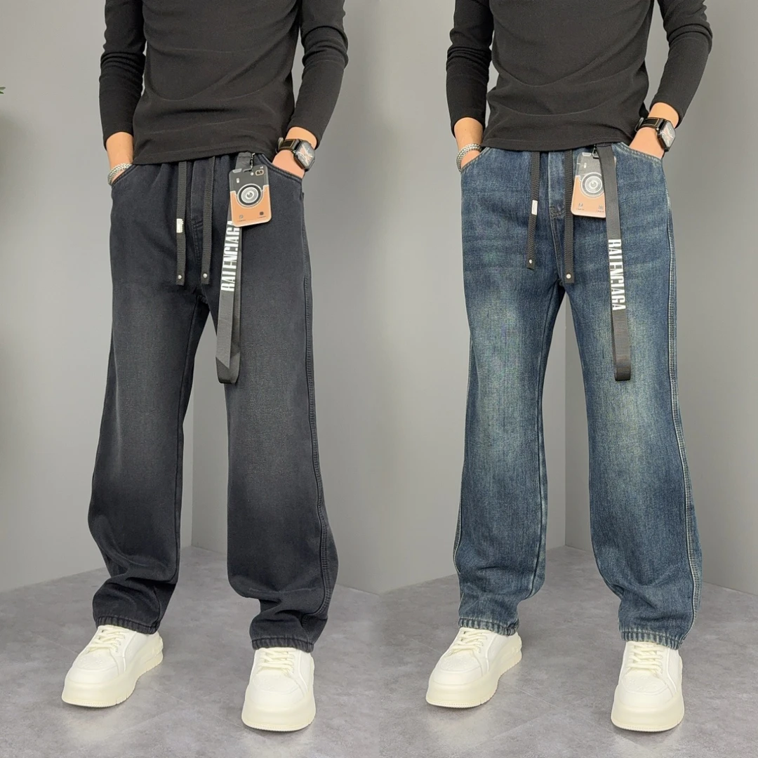 2025冬季爆款加绒牛仔裤男士时尚宽松直筒哈伦裤青年痞帅休闲长裤