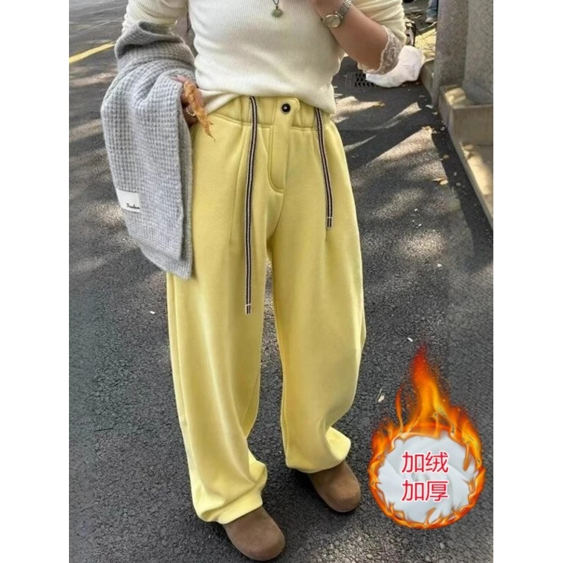 胖妹妹大码美式慵懒风裤子秋冬加绒加厚女宽松休闲百搭阔腿长裤BF