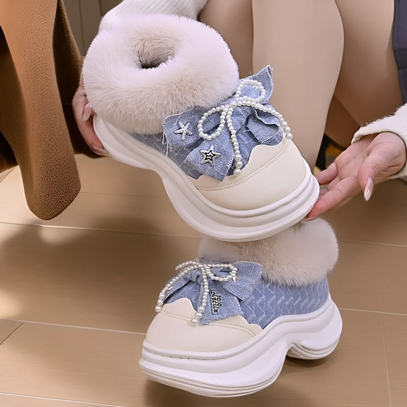 百搭蝴蝶结棉鞋女士冬季室内外穿加绒加厚保暖增高厚底包跟棉鞋