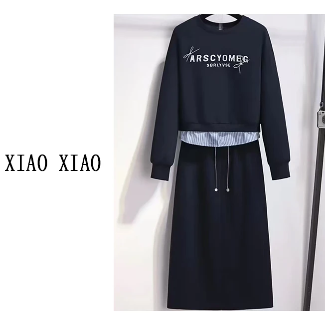 【XIAOXIAO】微胖大码女装春季新款休闲套装假两件上衣+半身裙XX124