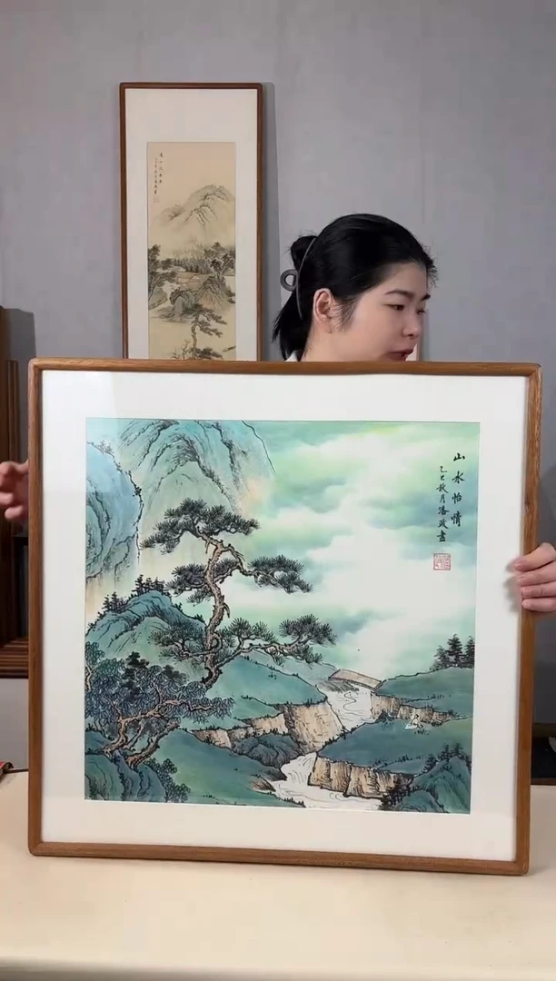 国画手绘*山水怡情*62*62cm实木框