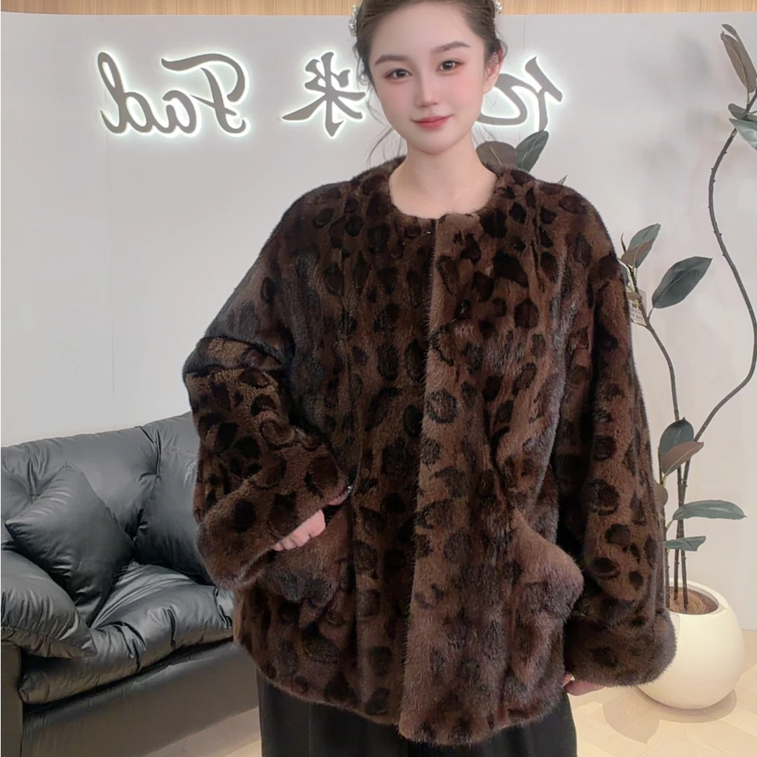 进口水貂皮草外套女2025年新款圆领貂皮大衣女款年轻款
