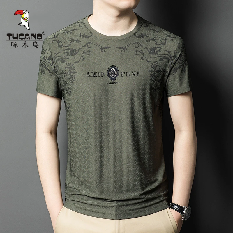 啄木鸟男士短袖T恤透气圆领高档印花上衣夏季新款半袖打底体恤衫