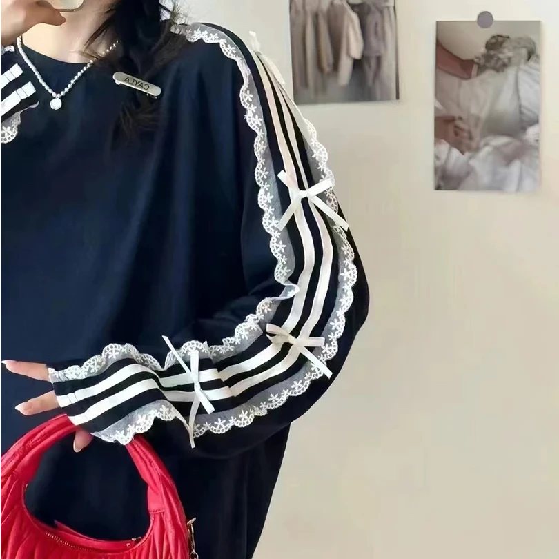 沈梦辰同款 蕾丝立体蝴蝶结圆领长袖宽松T恤6168