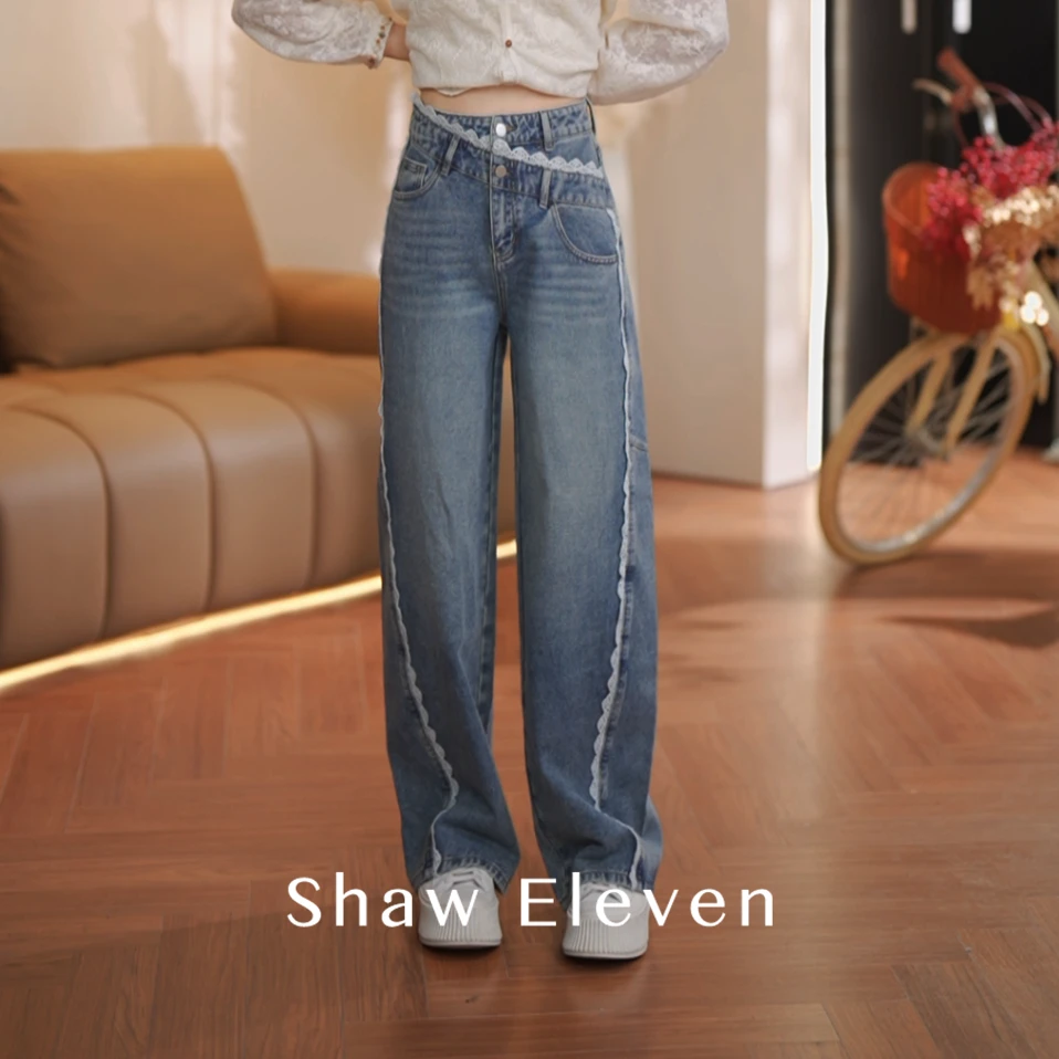【ShawEleven】春季新款时尚休闲直筒蕾丝拼接牛仔裤Y2508