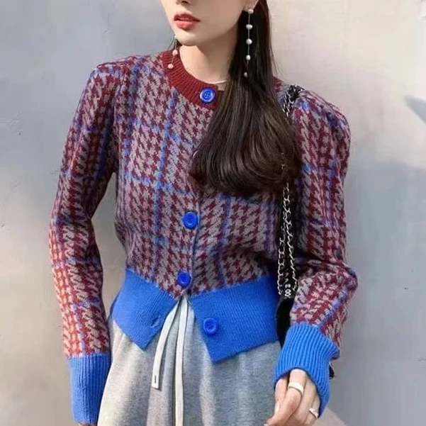 千鸟格针织开衫毛衣女春秋新款时尚洋气减龄上衣#2507