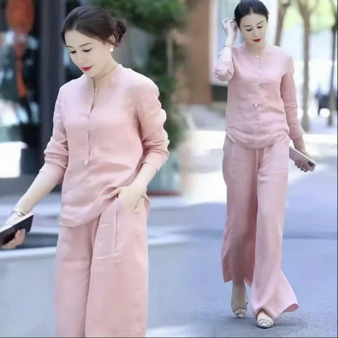 【现货薄款】新中式时尚套装女2025春夏新款八分袖衬衫垂感两件套