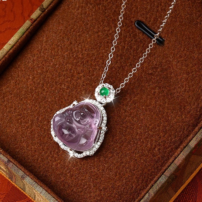 坠链均925银 清透紫石佛公项链女精致小众高级感轻奢晶石小佛公