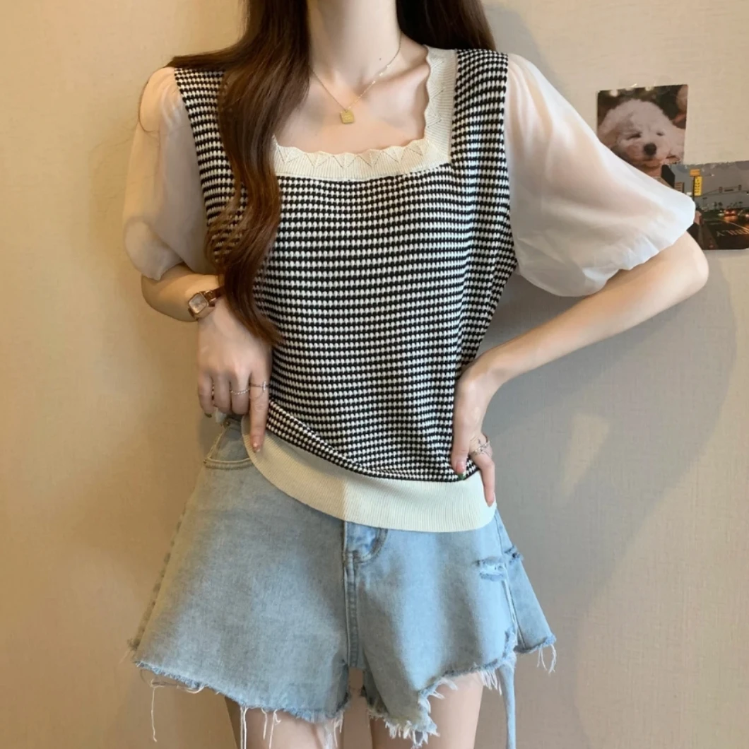 1277大码韩版方领拼接雪纺短袖衬衫女夏季胖mm显瘦泡泡袖正肩t恤