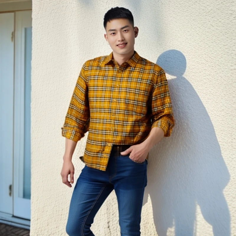 99新 BURBERRY/博柏利 12021179 经典格纹翻领衬衫 姜黄色 XL码